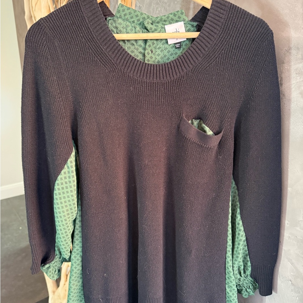 CAbi Black Crew Neck Sweater with Pocket Accent